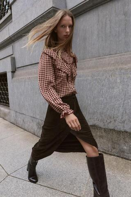 ZARA БЛУЗА В КЛЕТКУ ВИШИ С ВОЛАНАМИ, БУРГУНДИ