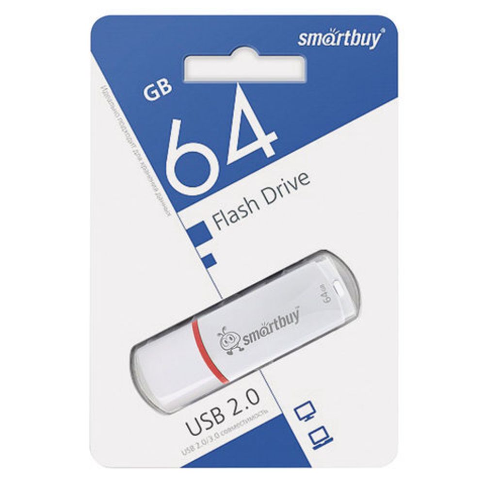 Флеш-диск 64 GB, SMARTBUY Crown, USB 2.0, белый, SB64GBCRW-W