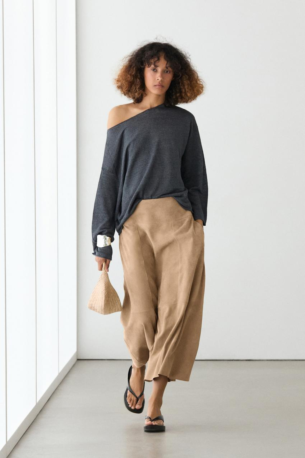 Massimo Dutti Юбка с поясом из замшевой кожи, песочный