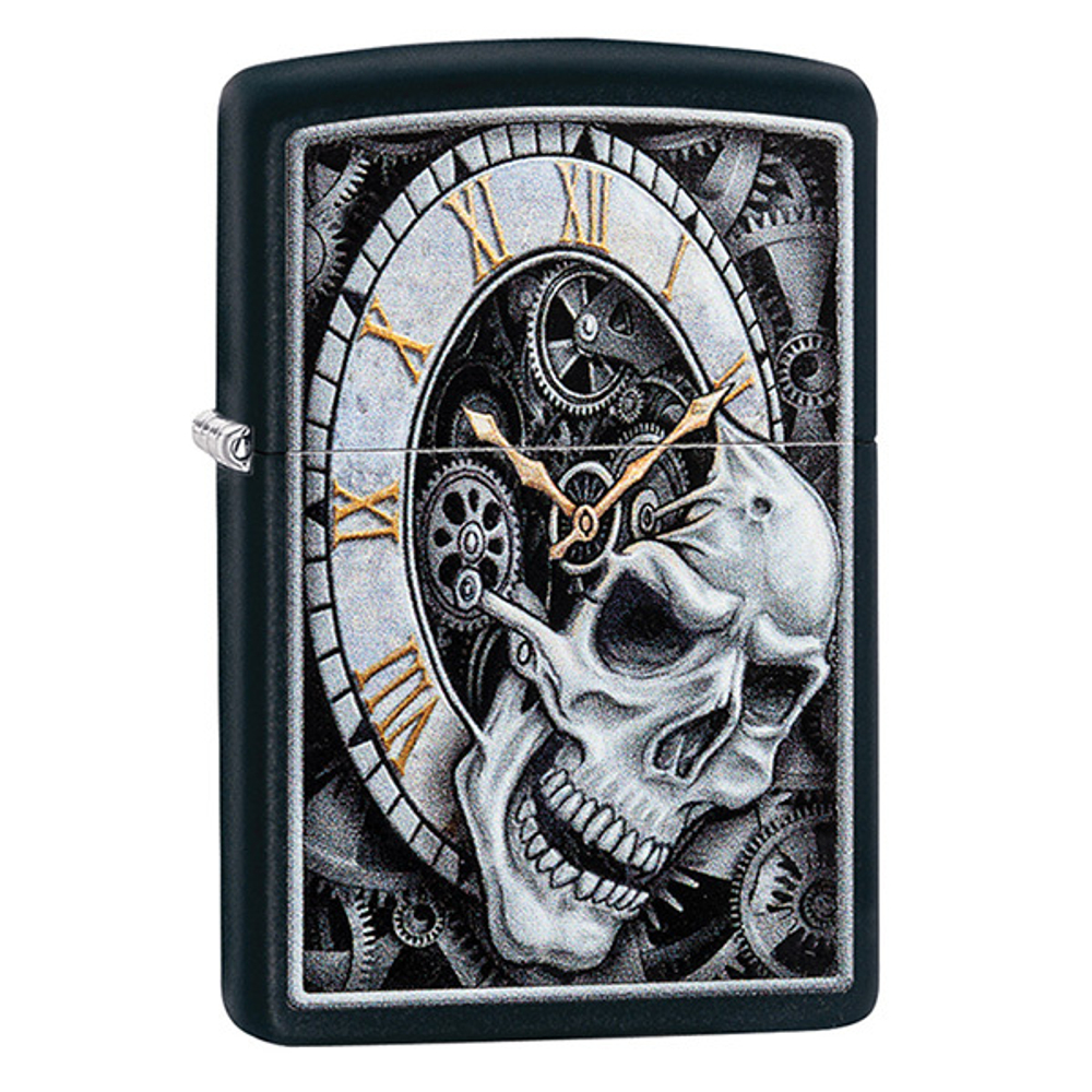 Зажигалка Zippo Skull Clock Design с покрытием Black Matte