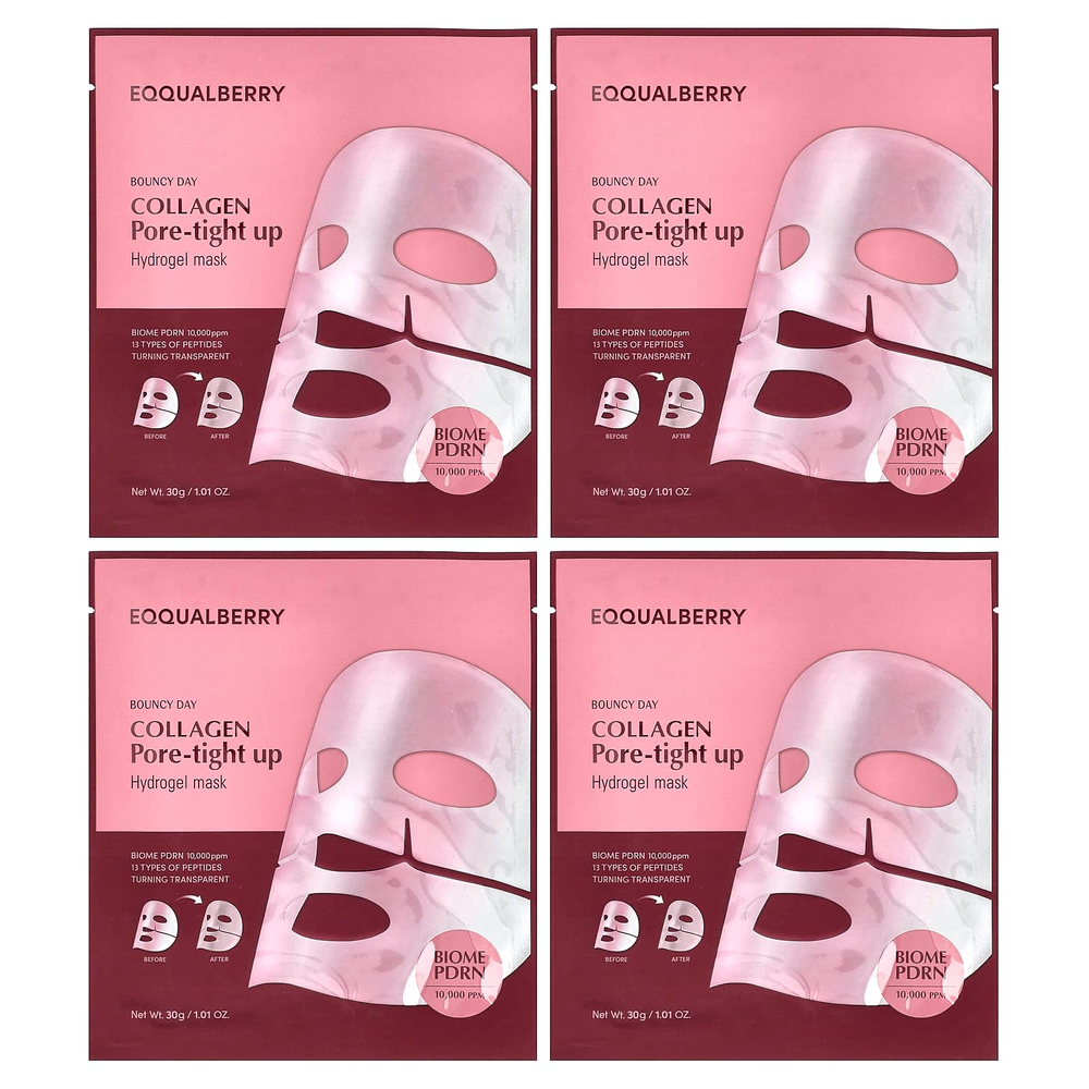 EQQUALBERRY, Bouncy Day, Collagen Pore-Tight Up, гидрогелевая маска для лица, 4 шт. по 30 г (1,01 унции)