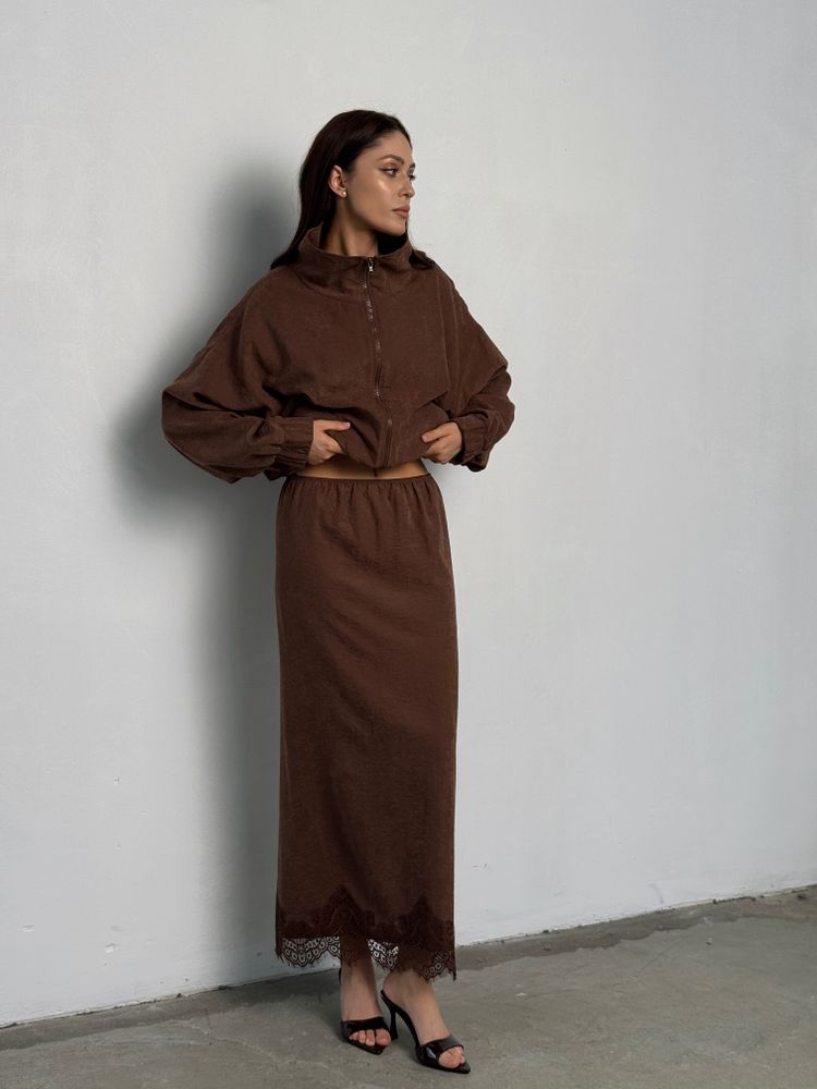 Юбка - макси с кружевом шоколадная