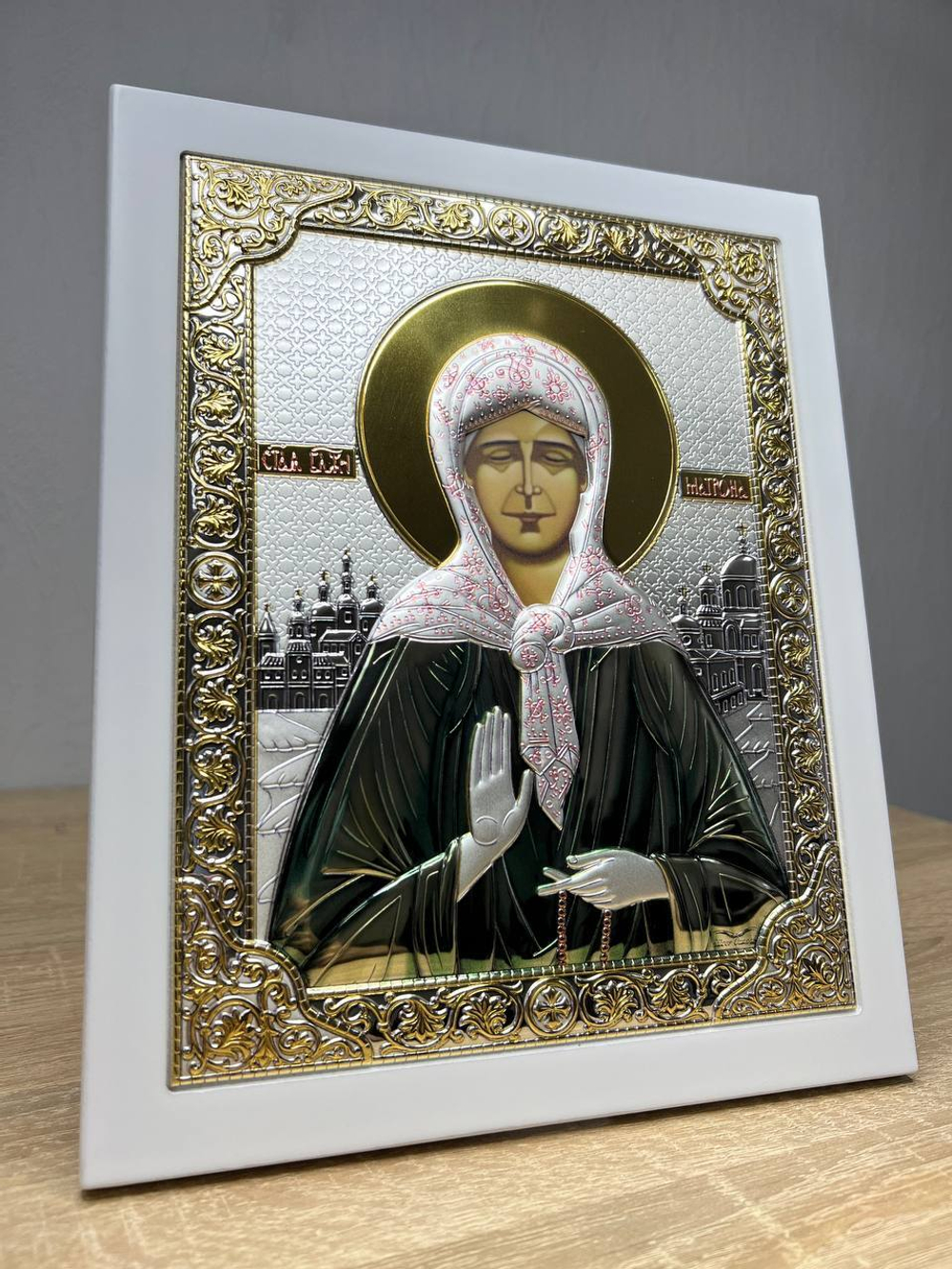 Матрона, икона прямоугольная с рамкой, белое дерево, эмаль 185х235