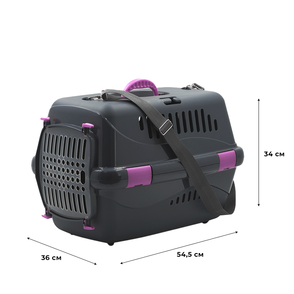 Клиппер-переноска ZOOSET с прозрачной дверцей и ремнем - L (54,5х36х34 см) - серый/сиреневый