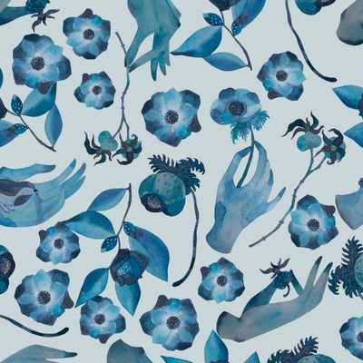 Руки, анемоны, птица, шиповник на светлом, акварель