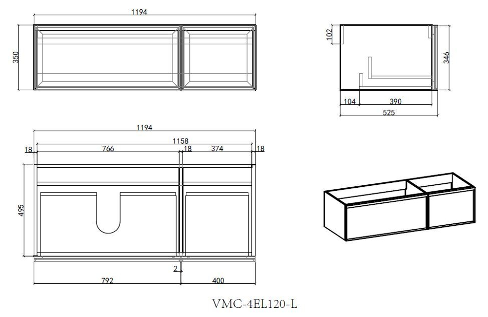 Тумба под раковину Vincea Elise 1200 подвесная, 2 выкатных ящика soft close, серый матовый