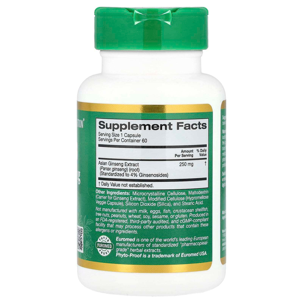 California Gold Nutrition, EuroHerbs ™, экстракт женьшеня обыкновенного, качество Euromed, 250 мг, 60 растительных капсул