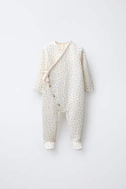 ZARA СТЕГАНЫЙ КОМБИНЕЗОН С ЦВЕТОЧНЫМ ПРИНТОМ, ЭКРЮ