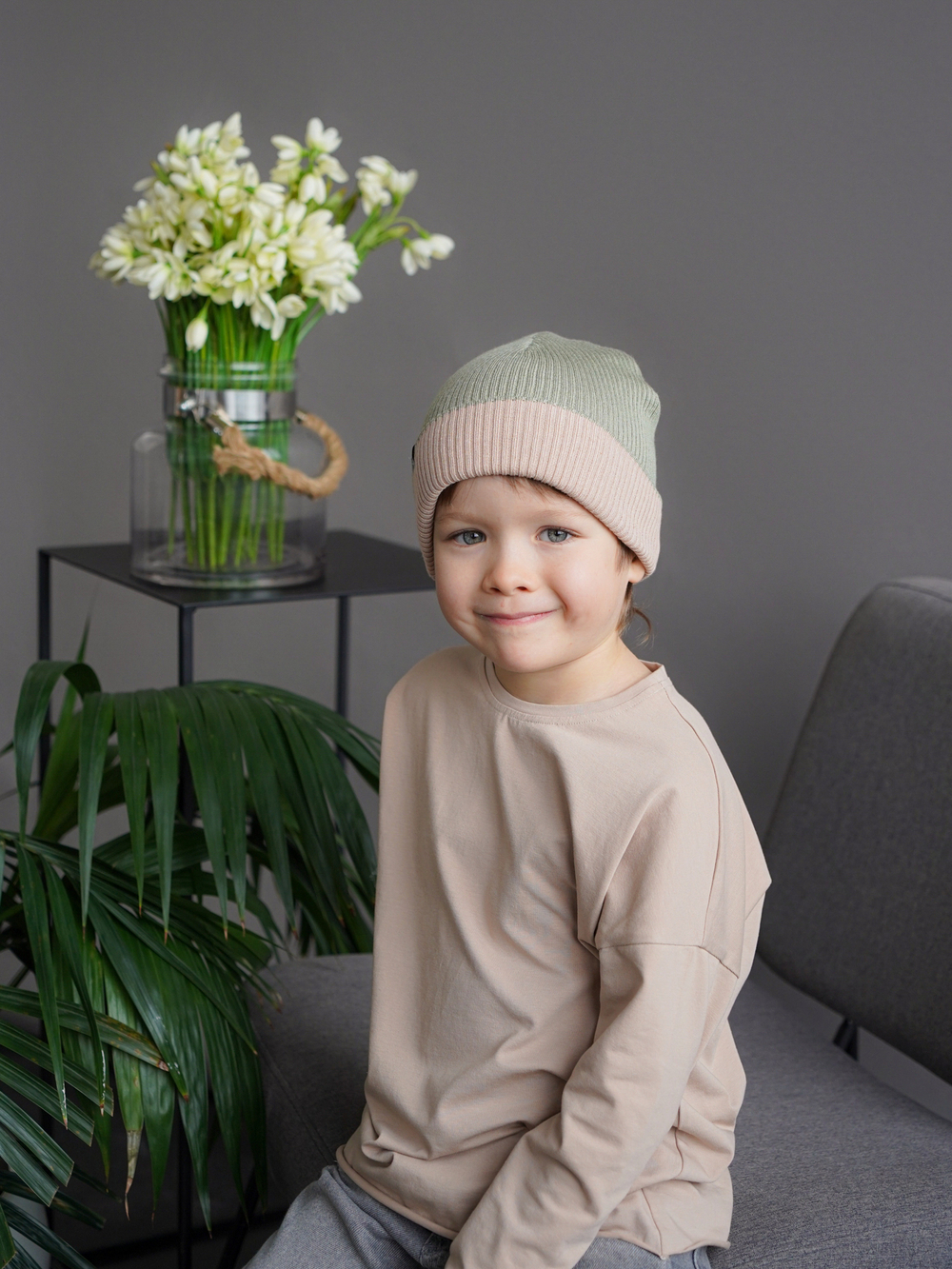 Шапка вязаная хлопковая ТВИНС(Сандал, хакки)