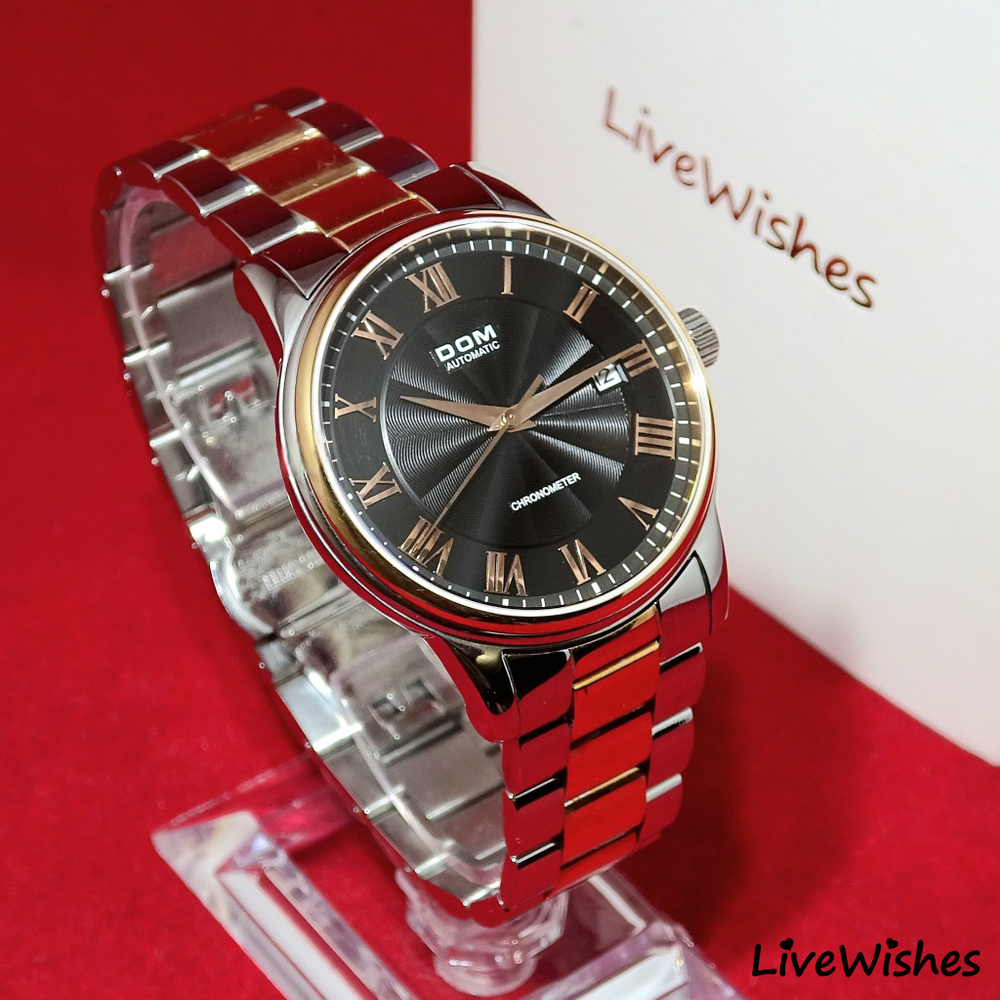 Часы наручные кварцевые DOM на металлическом браслете, черный/серебристо-золотистый W10210-01