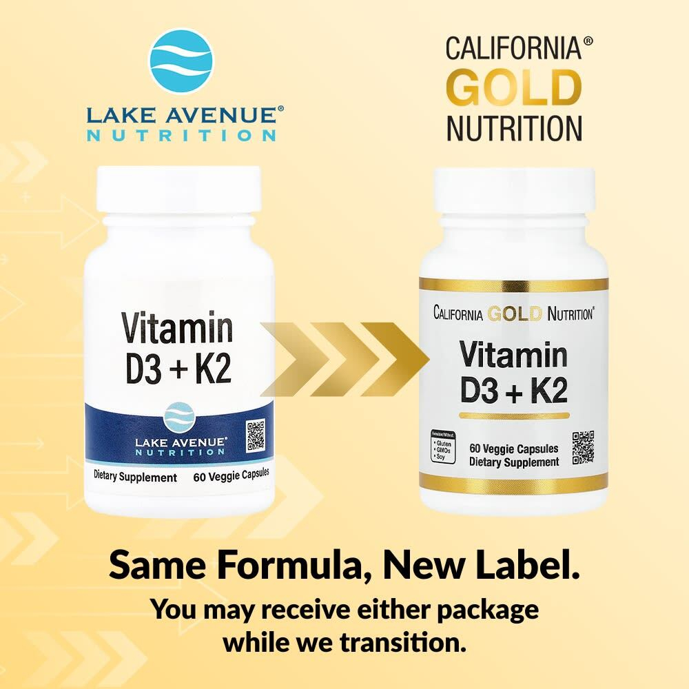 California Gold Nutrition, витамины D3 и К2, 60 растительных капсул