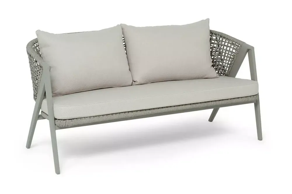 "Амстердам" диван 2-местный плетеный из роупа, каркас алюминий, роуп серый круглый, ткань бежевая