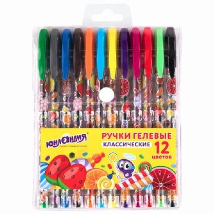 Набор гелевых ручек 12цв. Юнландия, 0,4мм, корпус с рисунком