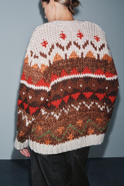 ZARА ЖАККАРДОВЫЙ ТРИКОТАЖНЫЙ КАРДИГАН, БЕЖЕВО-КОРИЧНЕВЫЙ