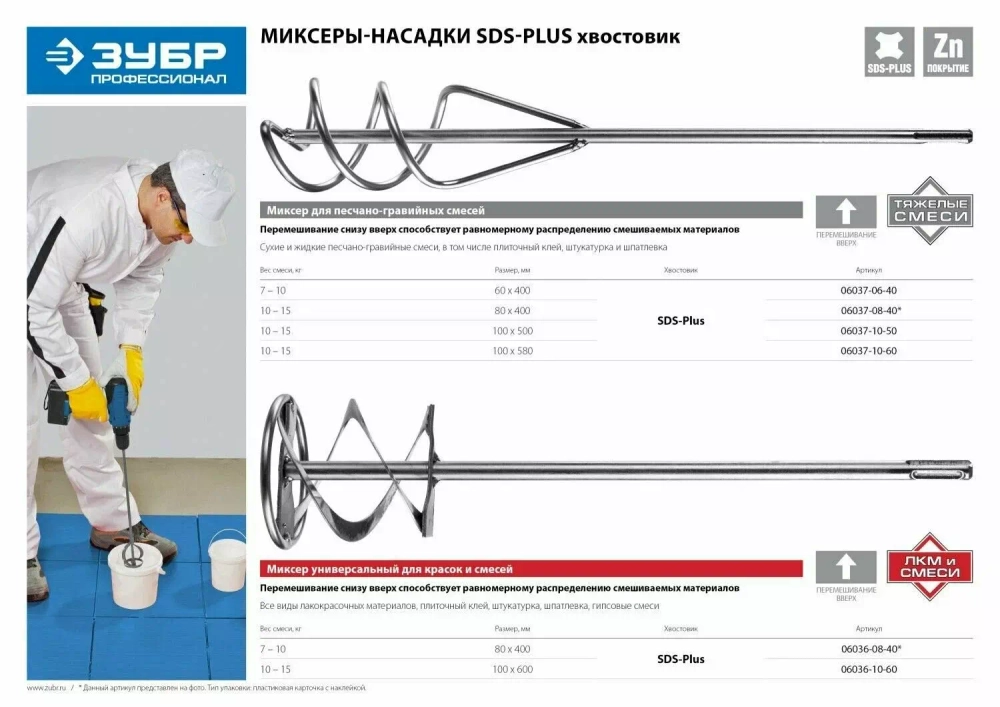 Миксер для песчано-гравийных смесей ЗУБР SDS+ ПРОФЕССИОНАЛ 06037-08-40