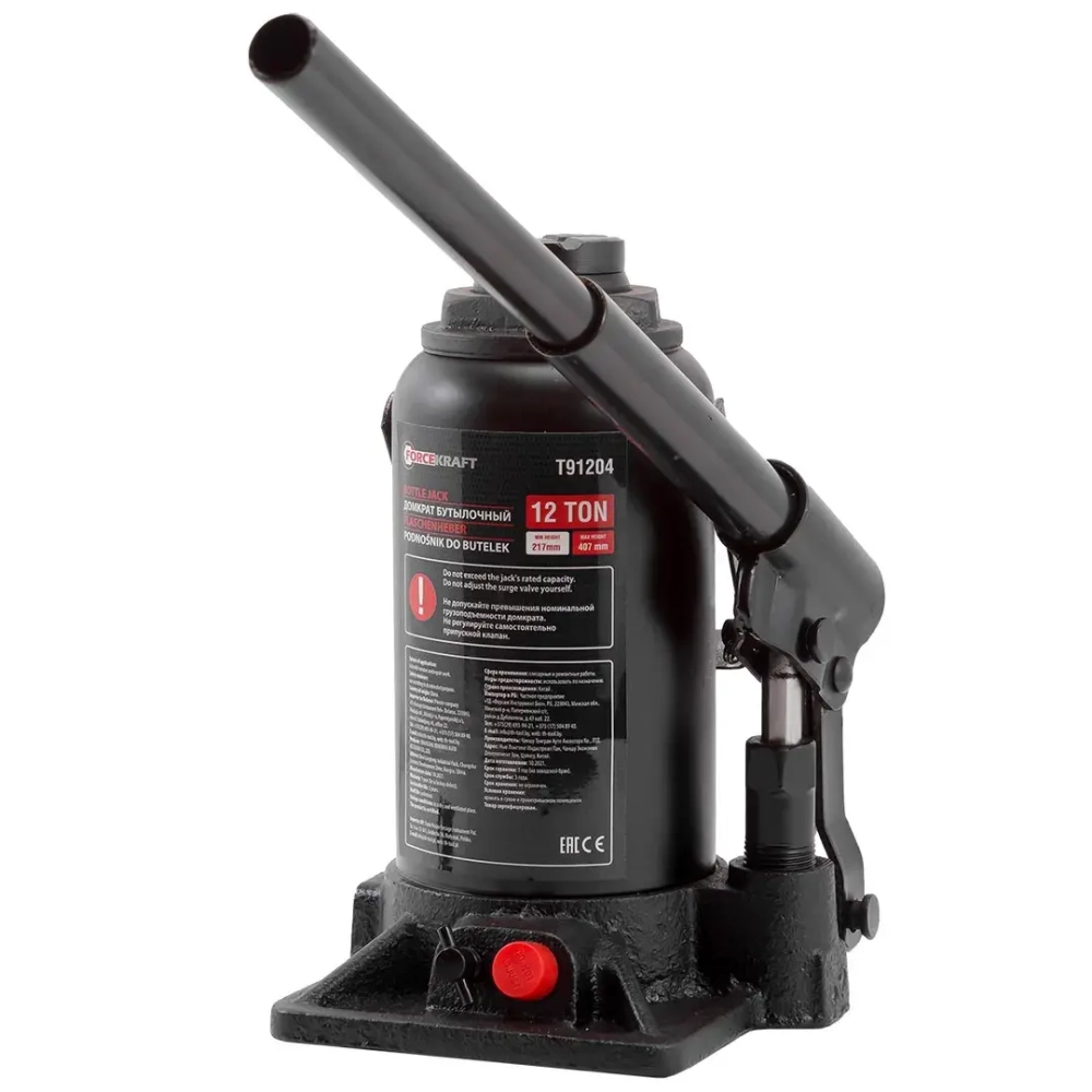 Домкрат бутылочный 12т с клапаном (h min-217мм, h max-407мм) FORCEKRAFT FK-T91204(DS)