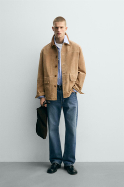 ZARA КУРТКА ИЗ ЗАМШИ С КОМБИНИРОВАННЫМ ВОРОТНИКОМ, РЫЖЕВАТО-КОРИЧНЕВЫЙ