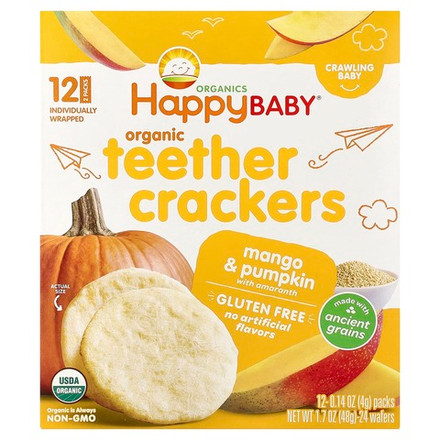 Happy Family Organics, Happy Baby®, органические крекеры для прорезывания зубов, манго и тыква с амарантом, 12 упаковок по 4 г (0,14 унции)