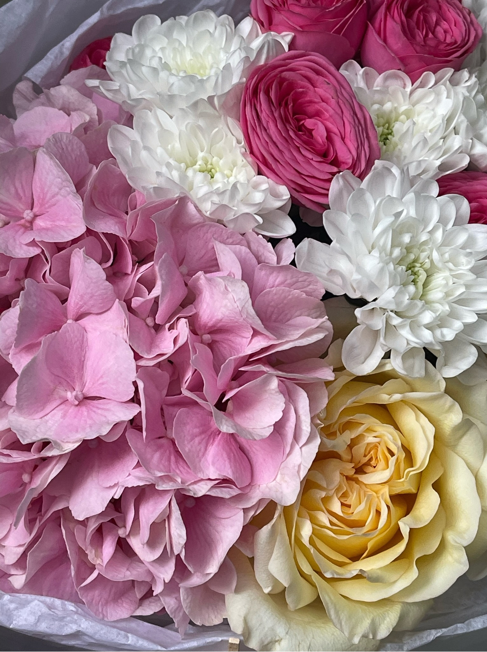 Сборный букет с розовой гортензией,  ярких кустовых пионовидных роз , и хризантемы