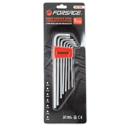 Набор ключей TORX Г-образных экстра длинных с отверстием 7пр.(Т10Н,Т15Н,Т20Н,Т25Н,Т27Н,Т30Н,Т40Н) в пластиковом держателе Forsage F-5071TXL