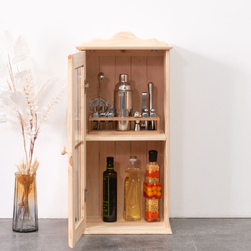 Шкаф навесной Бритта 1 дверь с карнизом из массива сосны для кухни и ванной, в натуральной отделке