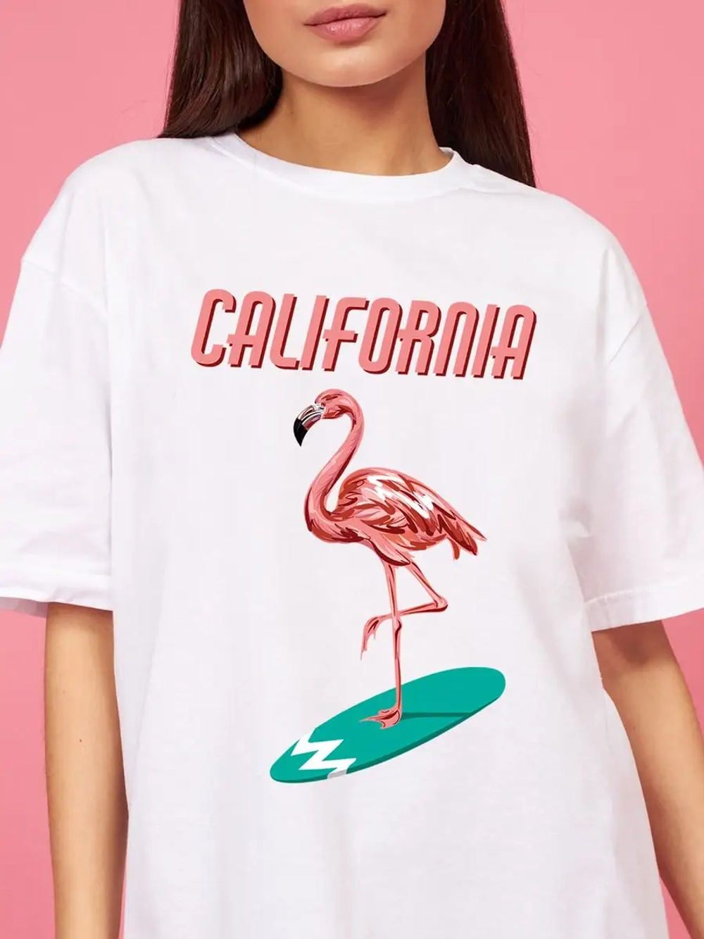 Футболка женская белая с принтом Фламинго Калифорния