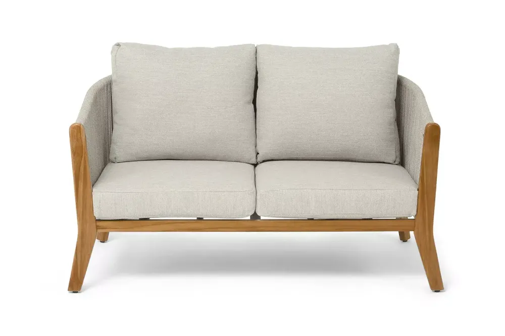 "Сидней" диван 2-местный плетеный из роупа, основание тик, каркас алюминий бежевый, роуп бежевый, ткань бежевая