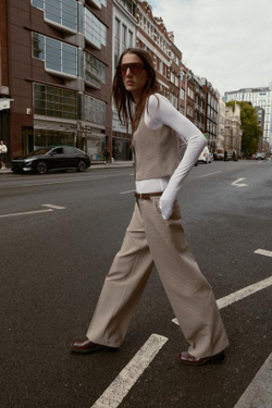 ZARA БРЮКИ В КЛЕТКУ С РЕМНЕМ, БЕЖЕВЫЙ/ТЕМНО-СИНИЙ