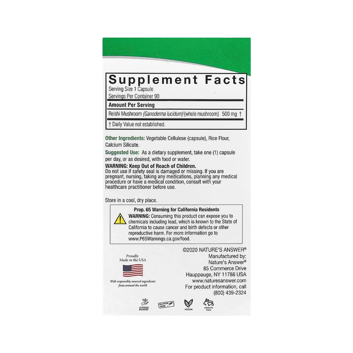 Рейши, Reishi Mushroom Mycelia, Nature's Answer, 90 вегетарианских капсул 2