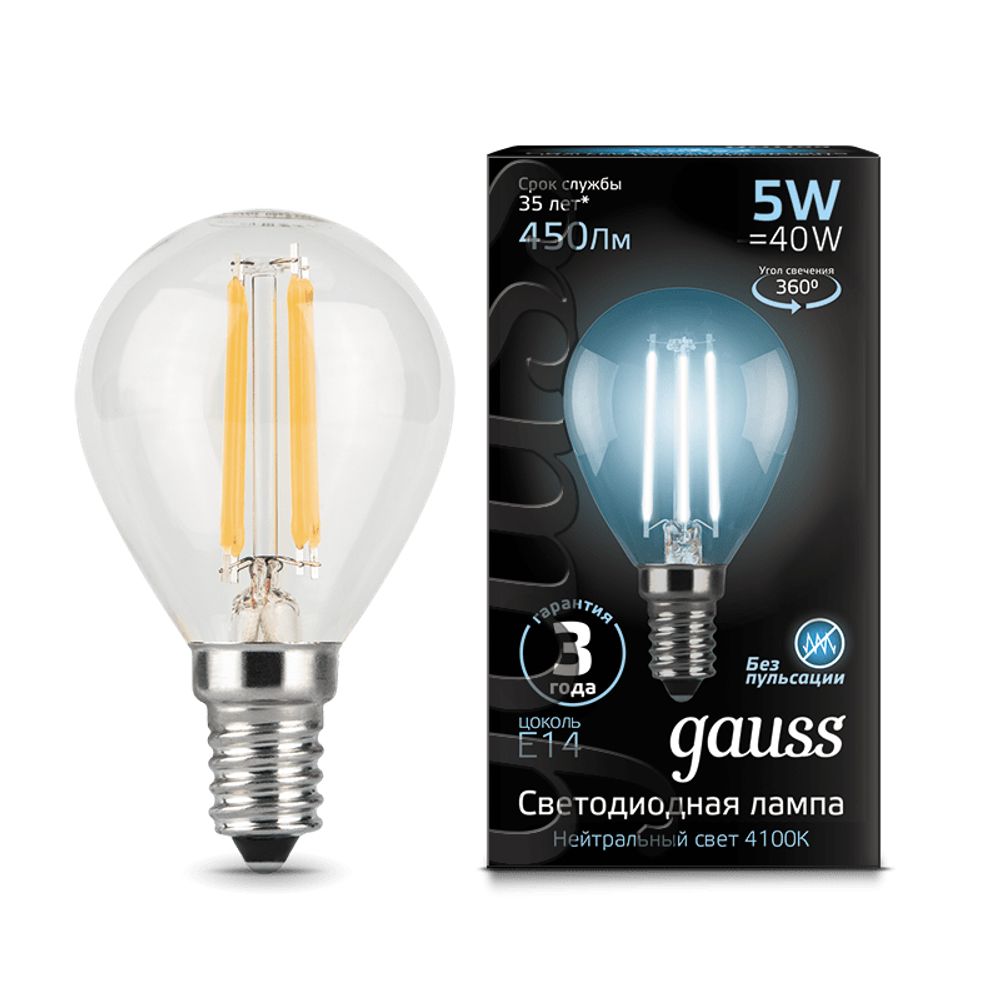 Лампа Gauss LED Filament Шар 5W E14 450lm 4100K  105801205
