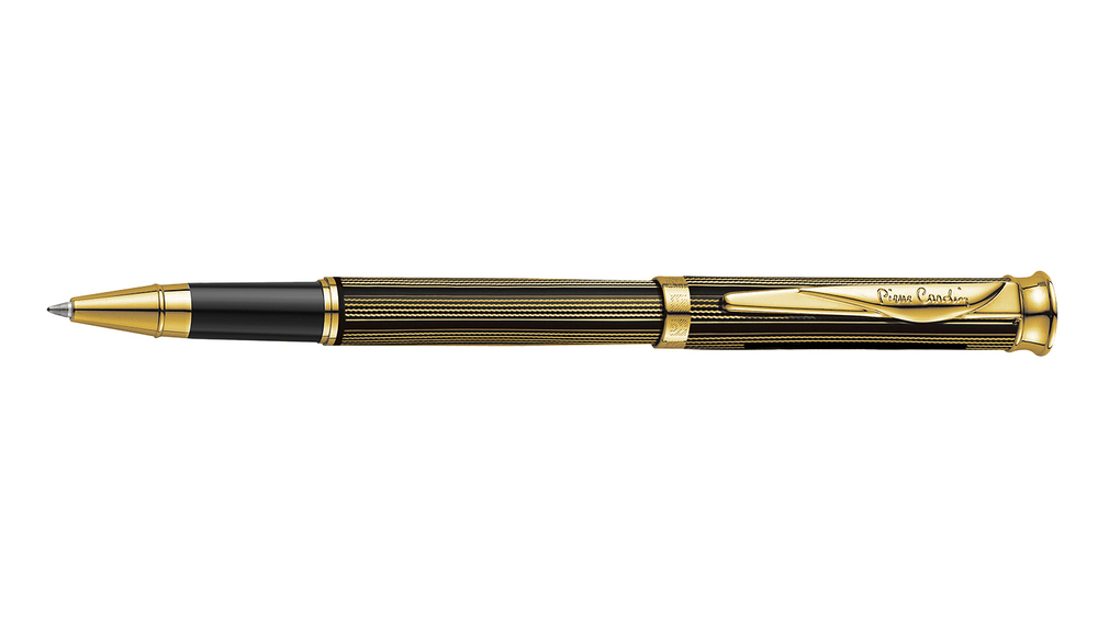 Подарочная чёрная с золотистым роллерная ручка-роллер с колпачком Pierre Cardin TRESOR PC1001RP-03G в подарочной коробке