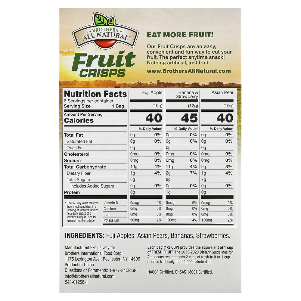 Brothers-All-Natural, Фруктовые чипсы, разнообразная упаковка, 6 пакетиков на одну порцию, 64 г (2,26 унции)