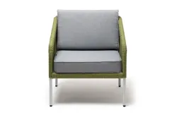 "Канны" кресло плетеное из роупа, каркас алюминий светло-серый (RAL7035) муар, роуп салатовый меланж круглый, ткань светло-серая