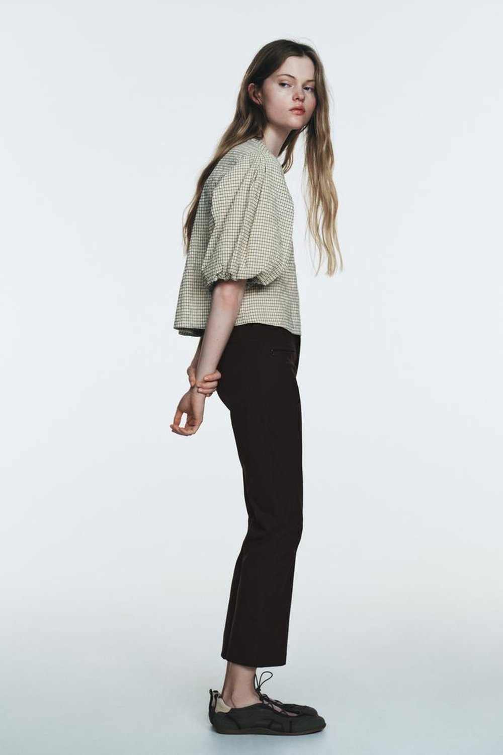 ZARA ТОП В КЛЕТКУ С ОБЪЕМНЫМИ РУКАВАМИ, ПЕСОЧНЫЙ/ЧЕРНЫЙ