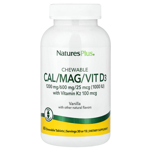 NaturesPlus, жевательные кальций, магний, витамин D3 с витамином K2, ваниль, 60 жевательных таблеток