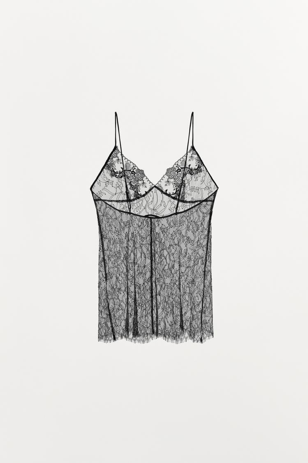 ZARA ТОП НА БРЕТЕЛЯХ С КРУЖЕВОМ, ЧЕРНЫЙ