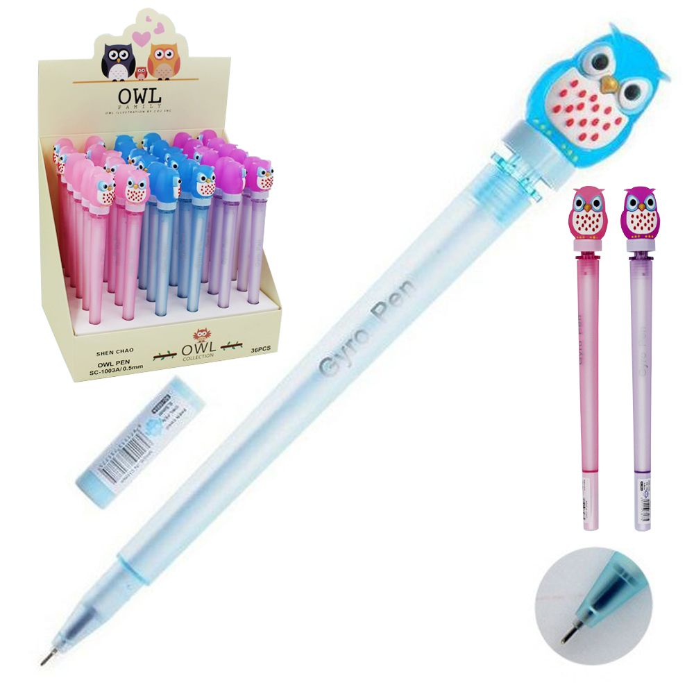 Ручка гелевая, Basir, синие чернила, серия &quot;Сова&quot;, с резиновой вращающейся фигуркой, 36 шт