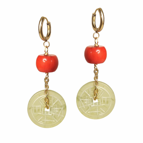 Серьги с кораллом и монетой счастья