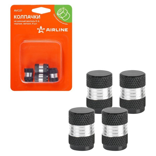 Колпачки на шинный вентиль K-6, черные, металл (4 шт в уп.) (AIRLINE)
