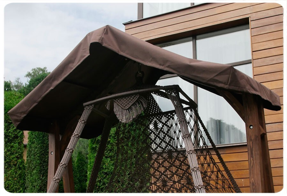 Подвесные плетеные качели СЕАРА+Деревянный каркас КАРАВЕЛЛА с крышей