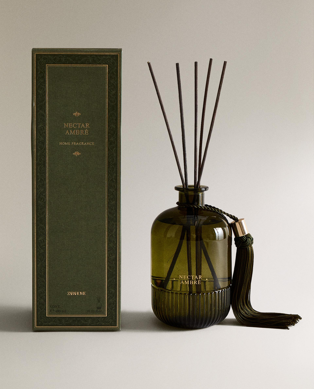 Zara Home Аромадиффузор Nectar Ambr 480 мл, тростниковые палочки микадо, аромат восточный древесный, Коричневый