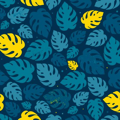 абстрактный тропический паттерн с листьями монстеры на синем фоне