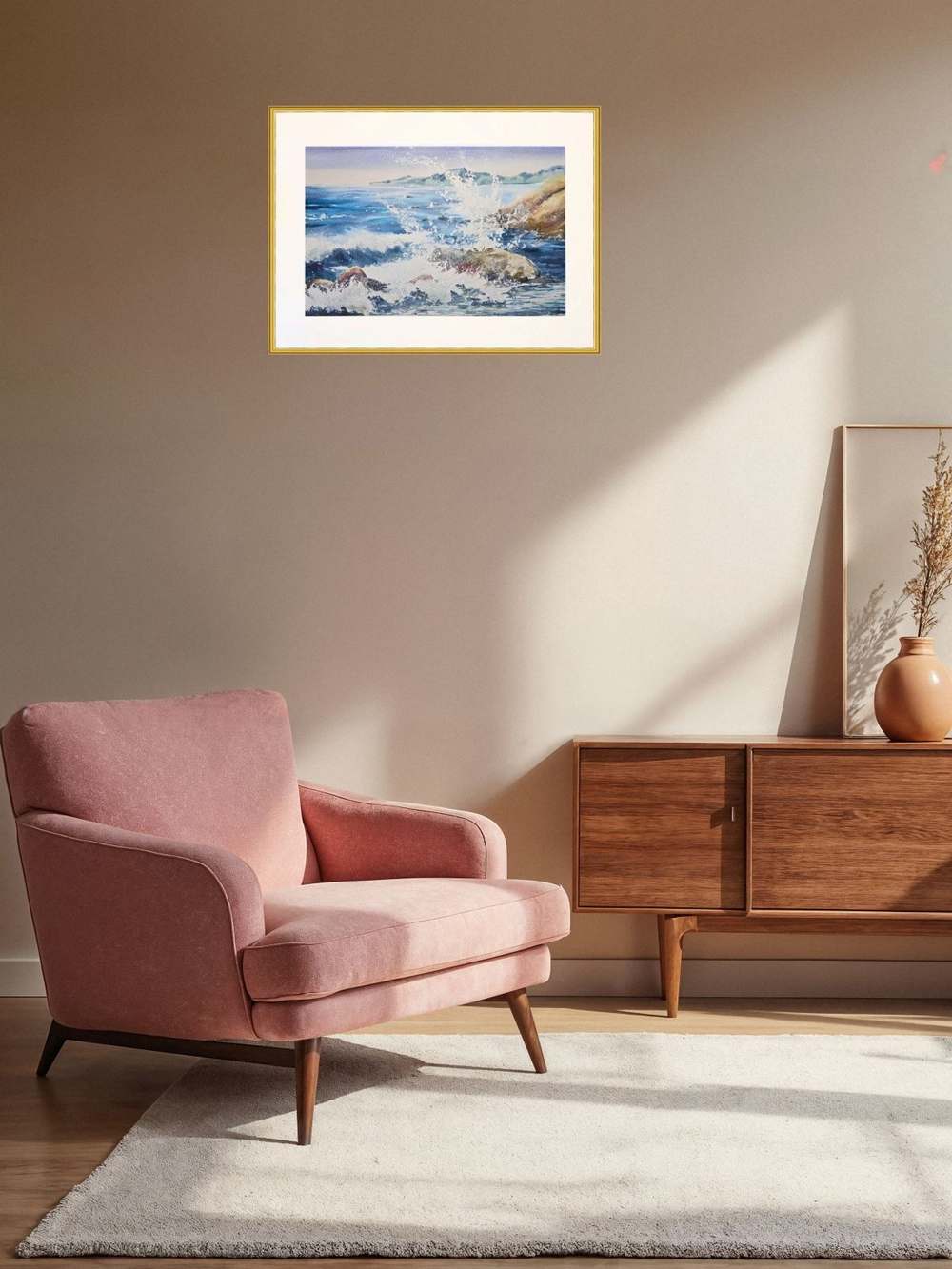 Картина авторская акварельная в паспарту 40х50 см на стену для интерьера "Разбиваясь о каменистый берег"