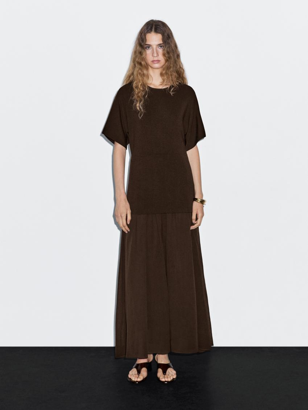 Massimo Dutti Трикотажное платье с контрастной сборкой, коричневый