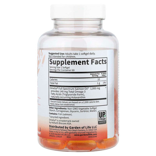 Garden of Life, жир норвежского лосося, 60 капсул (1000 мг в 1 капсуле)
