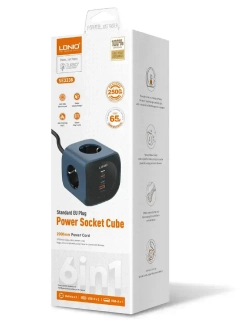 LDNIO SE3338 Удлинитель сетевой фильтр 3 розетки, супер быстрая зарядка 65 Вт, тройник разветвитель с заземлением и выключателем