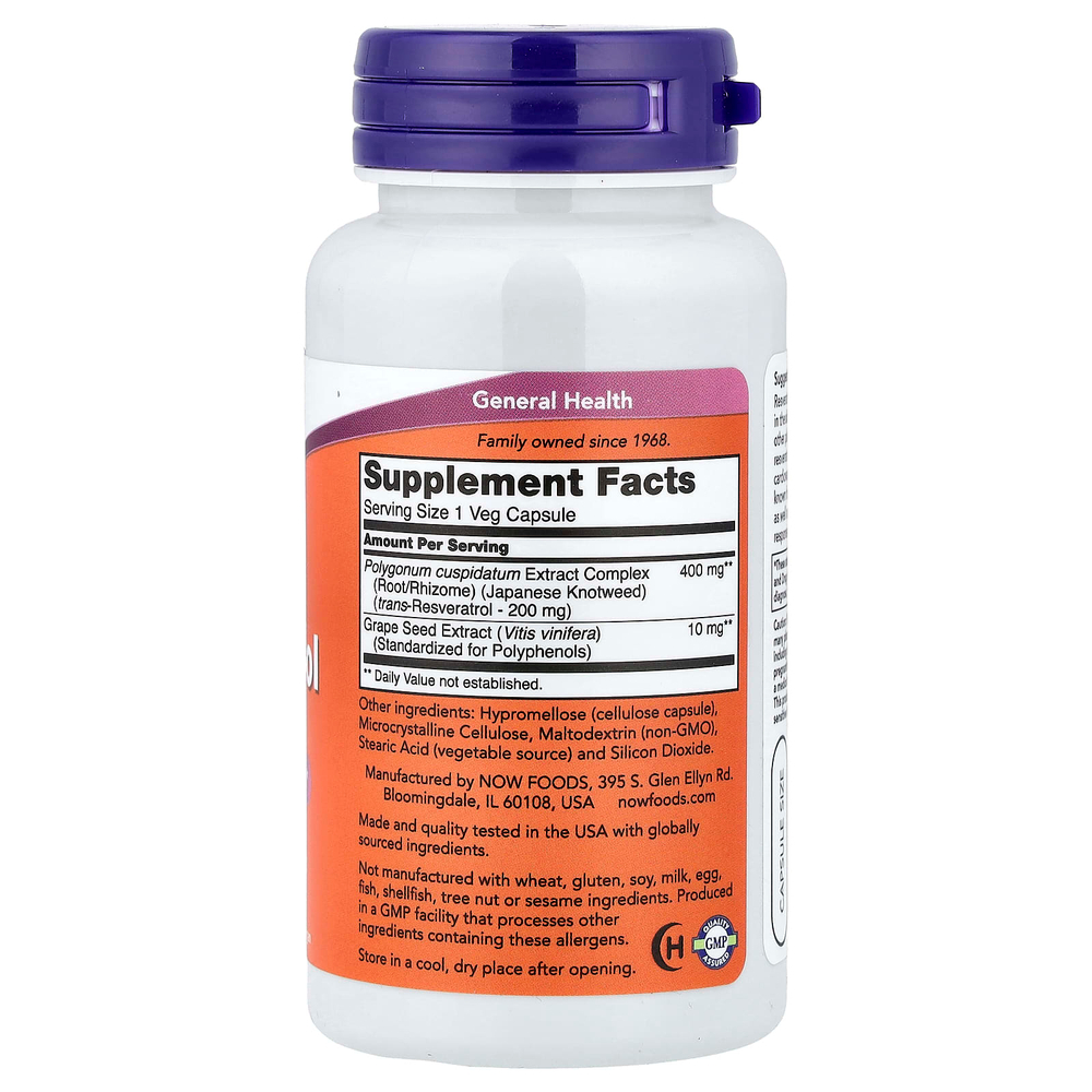 NOW Foods, Натуральный Ресвератрол, 200 мг, 60 растительных капсул
