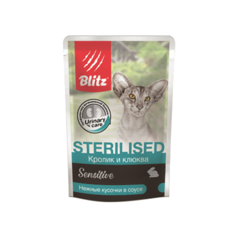 Влажный корм для кастрированных или стерилизованных кошек и котов Blitz Sensitive Sterilised Cat Rabbit & Cranberries in Gravy кролик и клюква нежные кусочки в соусе, 85 гр. В комплекте 24 шт