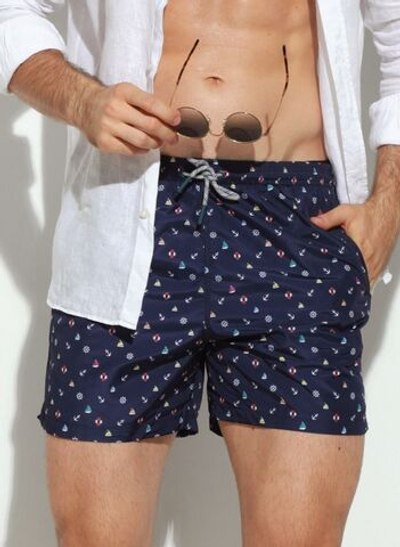 Мужские пляжные шорты с принтом в виде морских иконок (Размер: XXL) (Цвет: темно-синий)