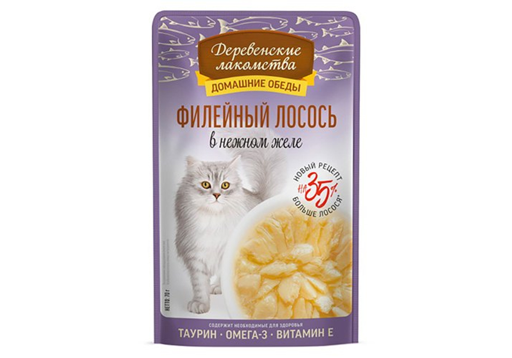 ДЕРЕВЕНСКИЕ ЛАКОМСТВА Пауч для кошек, филейный лосось в нежном желе 0,07 кг